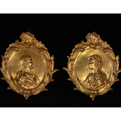 Pareja de bustos en bronce dorado al mercurio.  Atribuidos a José Luis Rodríguez Alconedo escuela colonial del Virreinal de la Nueva España siglo XVIII 