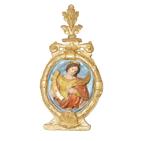 Círculo de Bernat Vilar (Barcelona, s.XVII) Santa Catalina de Alejandría. Plafón en madera tallada, policromada y dorada.