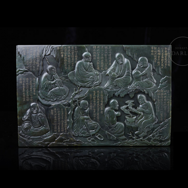 Panel de jace verde espinaca "Ocho Arhat con poemas", dinastía Qing. 