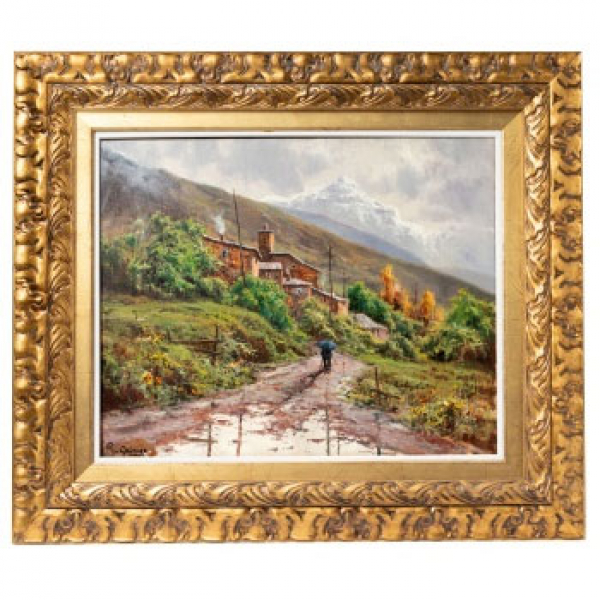 RICARDO  QUIROGA   (Barcelona 1959)  "Paisaje con personaje y casas ".  Firmado: R. Quiroga.  &Oacute;leo / Lienzo 