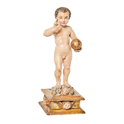 Escuela española, s.XVIII. Niño de la bola. Escultura en madera tallada y policromada.