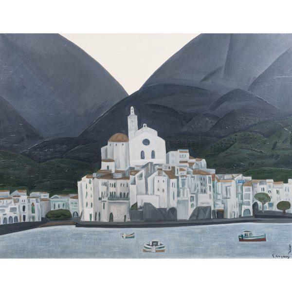 Shigeyoshi Koyama (Osaka, Jap&oacute;n, 1940)  Entre dos monta&ntilde;as.  &Oacute;leo sobre tela. Firmado. Titulado, firmado y localizado en Cadaqu&eacute;s al dorso.