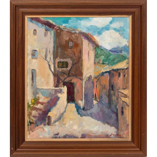 RAMON SANVICENS I MARFULL   (Barcelona 1917 - 1987)  &quot;Calle rural&quot;  Firmado: Sanvicens  Óleo / Táblex 