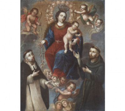 MIGUEL CABRERA (Oaxaca, 1710-Ciudad de México, 1768).  Nuestra Señora del Rosario con San Francisco y Santo Domingo de Guzmán.   Óleo sobre lienzo.