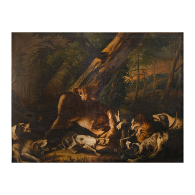 Escuela flamenca, fles. del s.XVIII-ppios. del s.XIX.  Perro atacando a un ciervo.  Óleo sobre tela. 