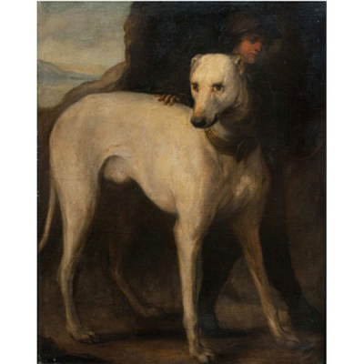 ESCUELA EUROPEA  (S. XVII) &quot;Paisaje con perro galgo y personaje&quot;