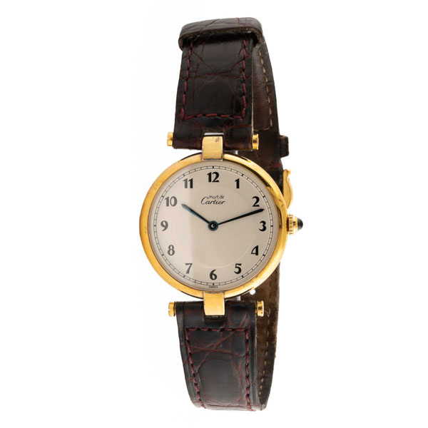 Reloj suizo CARTIER, 'Must de Cartier'. Caja 'Vermeil' de plata sobredorada y correa piel