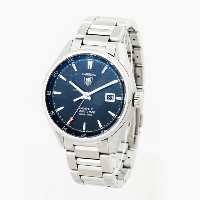 Reloj cab., suizo TAG-HEUER &#039;CARRERA&#039; Calibre 7 Twin Time Automatic, en gran caja circular, 41 mm, con fondo de cristal y brazalete de acero (17 cm).