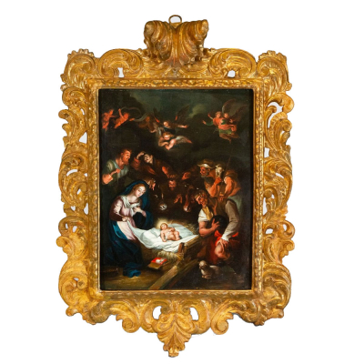 C&iacute;rculo de los Bassano del siglo XVII "Adoraci&oacute;n de Pastores". &Oacute;leo sobre tabla.