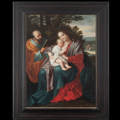 Taller de Federico Barocci del siglo XVI. Descanso en la huida a Egipto.    Óleo sobre tabla. 