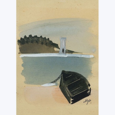 ALVARO DELGADO  (Madrid 1922) &quot;Barca atracada en la playa con faro al fondo&quot;