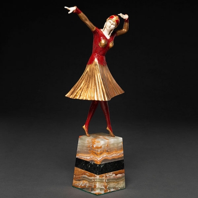 &quot;Miro&quot; Figura crisolefiantina realizada en bronce policromado y aplicaciones en marfil tallado, siguiendo modelos de Demeter Chiparus(1886 -1947)