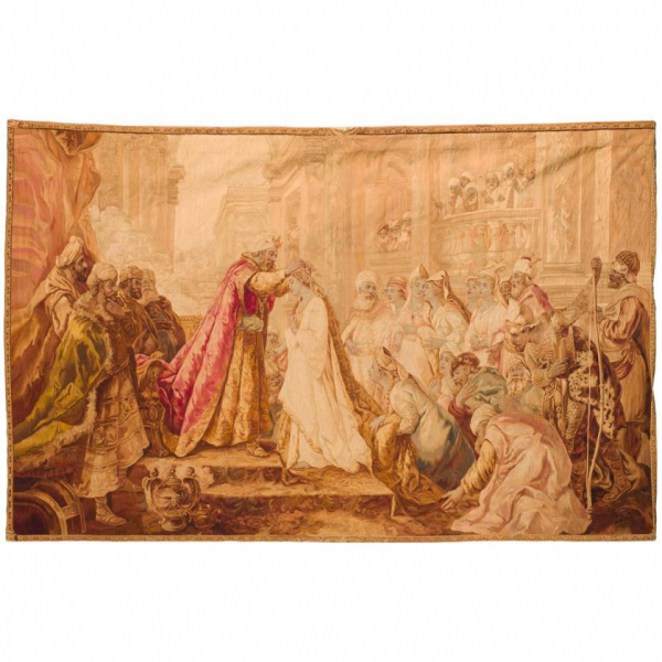 Talleres Gobelinos S. XVIII   &quot;La coronación de la Reina Esther&quot;. Importante tapiz francés realizado en lana. 