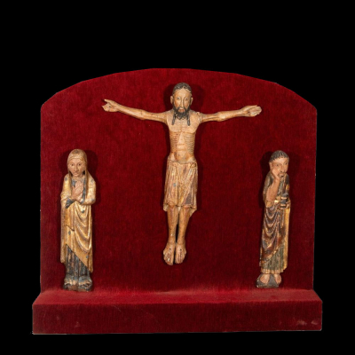 Calvario con la Virgen y San Juan. Escuela Medieval Espa&ntilde;ola, Siglo XIV.   