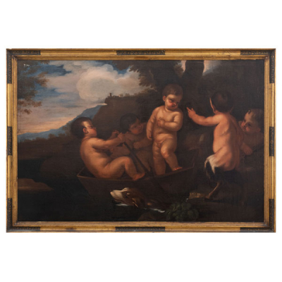 &quot;Paisaje con puttis en barca con perro y faunos&quot;  ALESSANDRO LEONE VAROTARI (Padua, 1588-Venecia, 1649).   