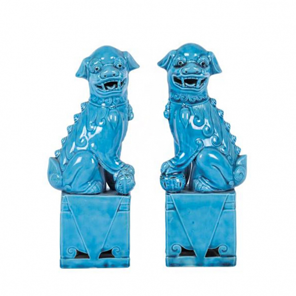 Pareja de leones de foo en cerámica esmaltada y vidriada S. XX. 