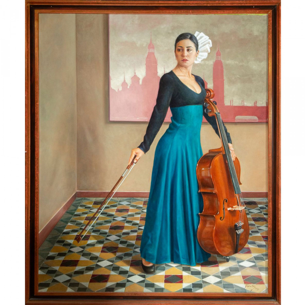 "Mujer con instrumento musical" Juan Carlos Espina Ortiz (Espa&ntilde;a, siglo XX-XXI).    &Oacute;leo sobre lienzo