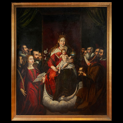 Escuela Colonial del siglo XVII - Virgen con el Niño entronizado junto a Mártires.