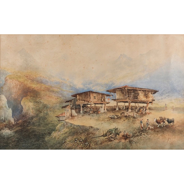 Eduardo Florez Ibañez (c.1870 - ?) "Paisaje de Asturias con hórreos"