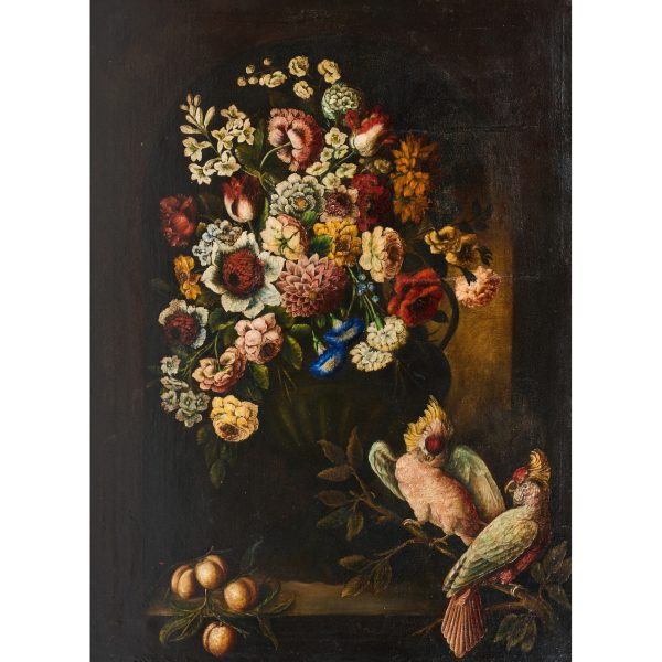 Escuela flamenca, s.XVIII.  Bodegón con flores, melocotones y aves exóticas.  Óleo sobre tela.