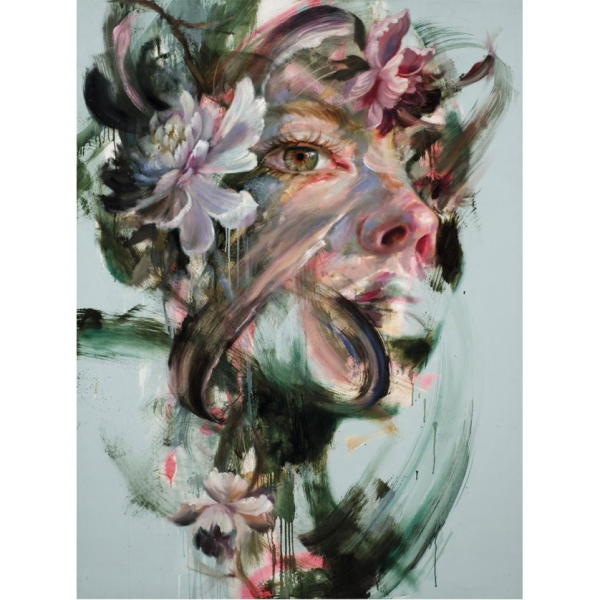 Valerio Eskat. "Florecer (2026)". Óleo sobre lienzo.  Firmado, titulado y fechado (2026) al dorso.