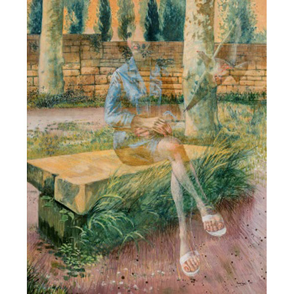 FERNANDO BEORLEGUI BEGUIRISTAIN   (Campanas, Navarra 1928)  "Dama con paloma en el jardín"  Firmado: Beórlegui 91  Óleo / Lienzo 