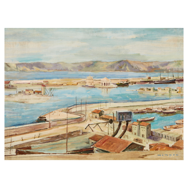Josep Mompou i Dencausse (Barcelona, 1888-Vic, Barcelona, 1968) Puerto. Óleo sobre tela. Firmado.