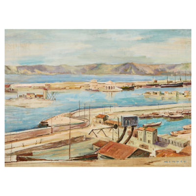 Josep Mompou i Dencausse (Barcelona, 1888-Vic, Barcelona, 1968) Puerto. Óleo sobre tela. Firmado.