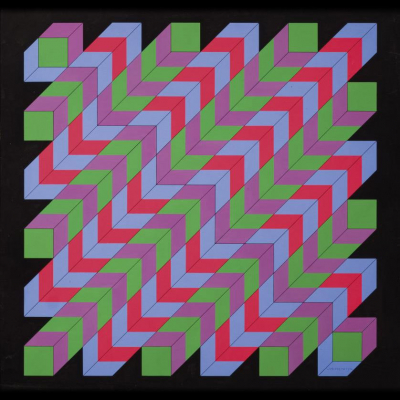 Victor Vasarely. "3409 Utem (1985)". &Oacute;leo sobre lienzo. Firmado, titulado y fechado (1985).