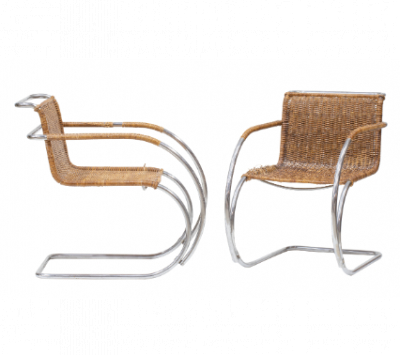 Ludwig Mies Van den Rohe (1886 - 1969).  Pareja de sillones modelo MR20, en acero tubular niquelado y ratán. Fabricado h. 1927. Producción 1927-1930.  Alemania, h. 1930. 
