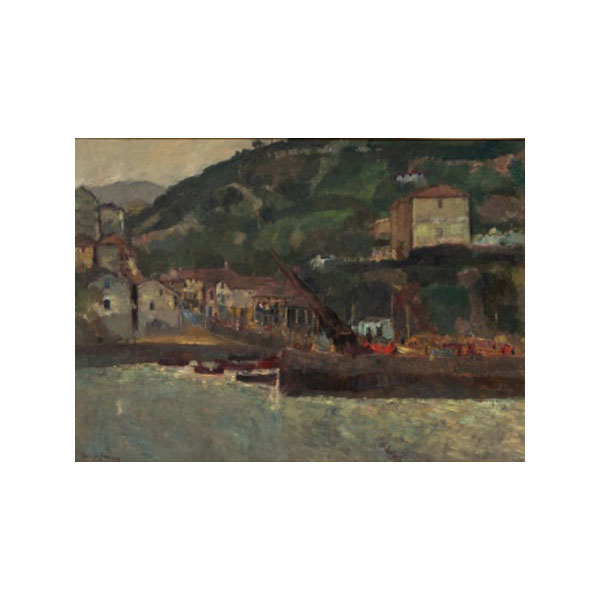 IÑAKI GARCÍA ERGÜÍN  (Bilbao 1934) &quot;Vista de Ciérvana con barcas atracadas &quot; Firmado 
