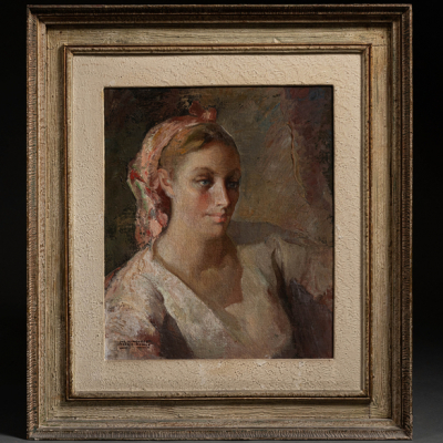 &quot;Mujer con pañuelo rosa en la cabeza&quot;  JULIO MOISES (Tortosa, 1888 - Suances, 1968) 