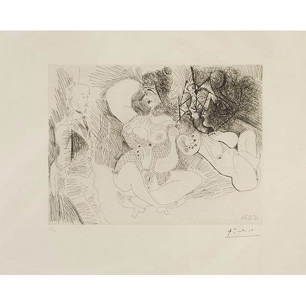 Pablo Ruiz Picasso. &quot;Degas y dos chicas, una de ellas transformándose en obra de arte (1971)&quot;. Aguafuerte 