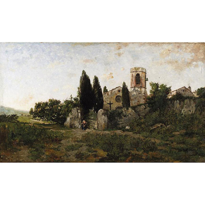 Modesto Urgell. (1839 - 1919)    &quot;Tocando a oración&quot;. Óleo sobre lienzo.  