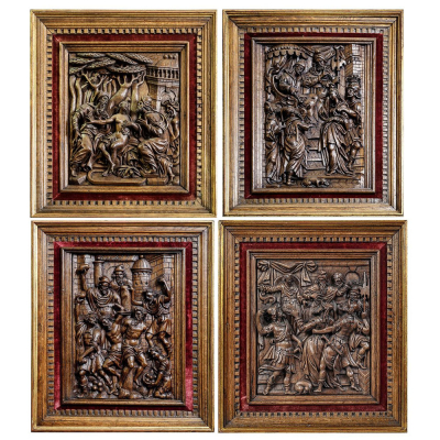 Conjunto de 4 importantes relieves tallados en roble con escenas del Antiguo Testamento. Siglo XVI, Flandes, Países Bajos.