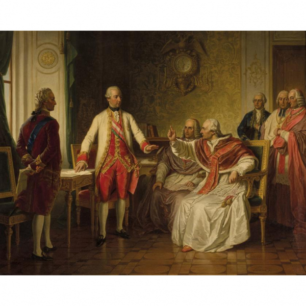 Franz Schams. "Pío VI amonesta a José II de Austria". Óleo sobre lienzo. Firmado en el ángulo inferior derecho.