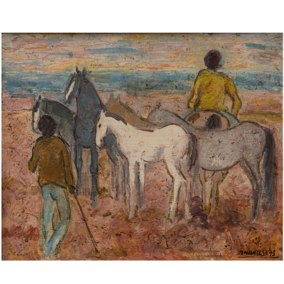 &quot;Aldeanos con caballos&quot;.  JESÚS MONTES IRIBARREN (Irún, 1940). Óleo/Táblex