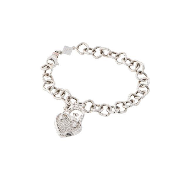 Pulsera de la firma Rosato en oro blanco con charm diseño bolso en forma de corazón 3 x 1,8 cm. con pavé de diamantes talla brillante.