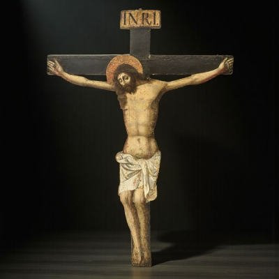 Monumental &quot;Croce Sagomata&quot; atribuido a PEDRO DE RAXIS (1555-1626). Granada, siglo XVI. Realizada en óleo y témpera dorada