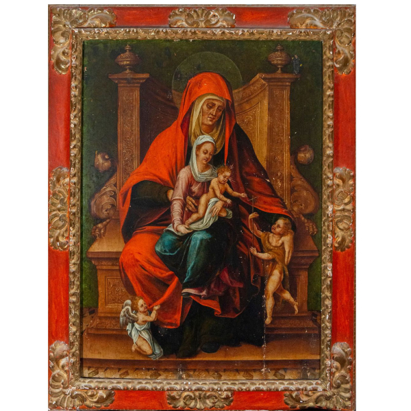 "Virgen con el Niño y Santa Ana" Escuela Italiana, Siglo XV-XVI.    Óleo sobre tabla.