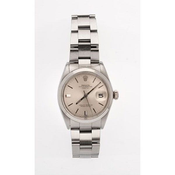 Reloj de caballero marca Rolex en acero con caja y pulsera Oyster Perpetual Date. Esfera gris, palos y calendario.