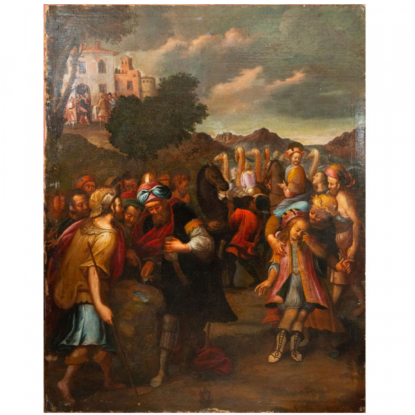 "Las Monedas de Judas". Firmado con anagrama L.G. Escuela Italiana. Siglo XVII.   Óleo sobre lienzo.