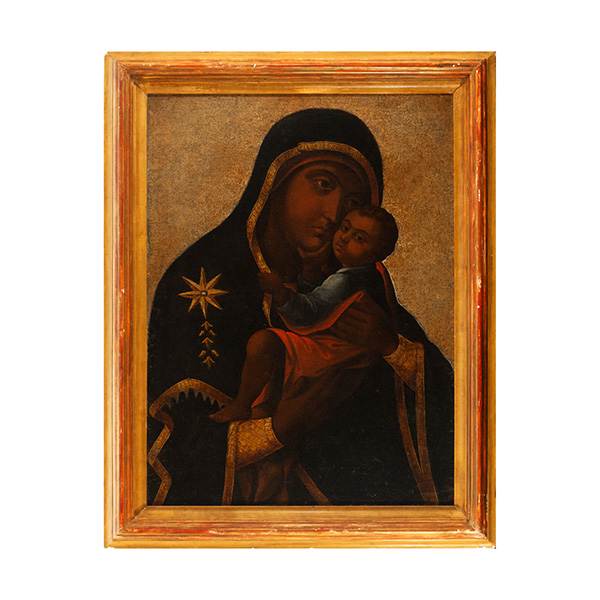 Virgen Negra, trabajo Virreinal, siguiendo Modelos de Iconos Ortodoxos llegados de Europa del Este al Nuevo Mundo, trabajo colonial del siglo XVII, posiblemente México o Perú. 