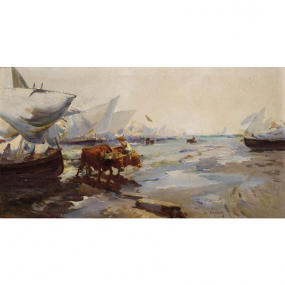 José Navarro Llorens.   &quot;Bueyes en la orilla&quot;. Óleo sobre lienzo. Firmado en el ángulo inferior derecho.