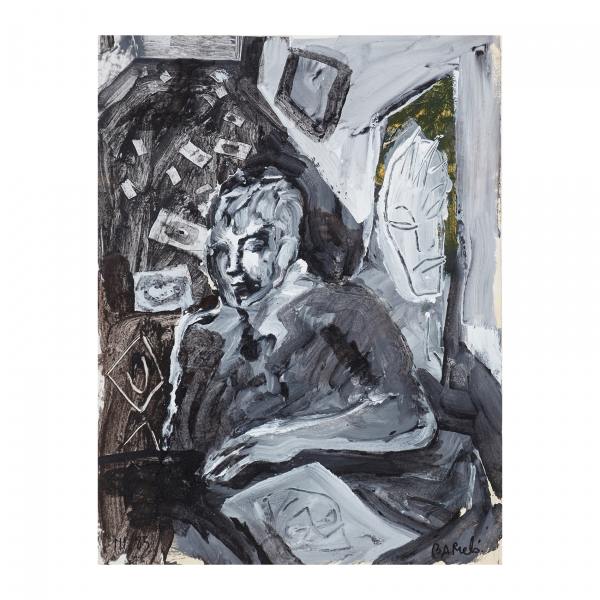 Miquel Barceló (Felanitx, Mallorca, 1957) Autorretrato. Óleo y collage sobre papel. Firmado y fechado en 1985.