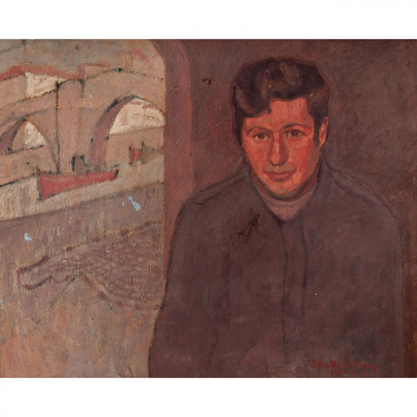 IÑAKI ALVAREZ ANGULO   (Galdácano, Vizcaya 1960)  "Txo con Ondarroa al fondo"  Firmado: Iñaki Alvarez 14-4-72  Óleo / Lienzo 