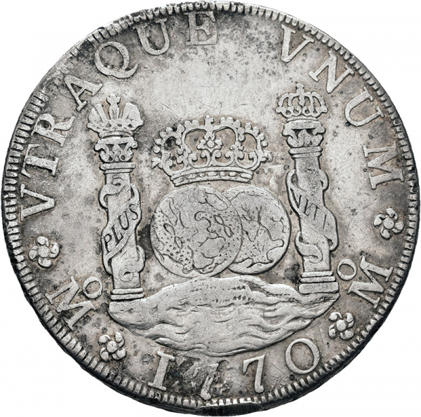 Moneda 1770 Carlos-III Mexico MF 8 Reales M.B.C., pequeño golpe en canto.