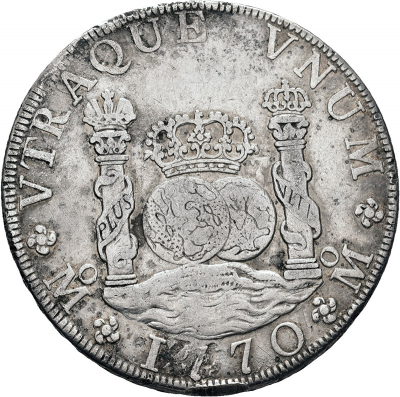 Moneda 1770 Carlos-III Mexico MF 8 Reales M.B.C., pequeño golpe en canto.