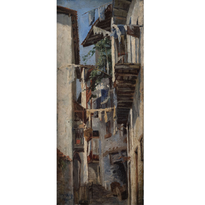 &quot;Calle de Motrico&quot; 1891  FERNANDO DE AMÁRICA (Vitoria, 1866-1956) Óleo/Tabla