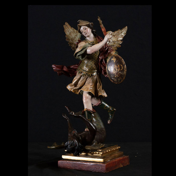 Importante &quot;Arcángel San Miguel sometiendo al Demonio&quot;, Escuela Colonial de Quito del siglo XVIII. 